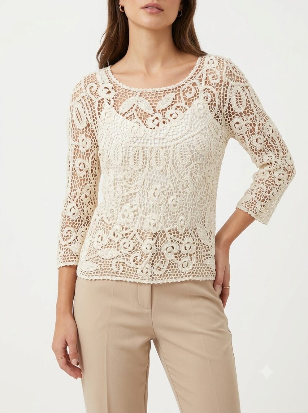Peruvian Connection Blouse Top Womens L Cream Crochet Medallion Knit Pima Cotton